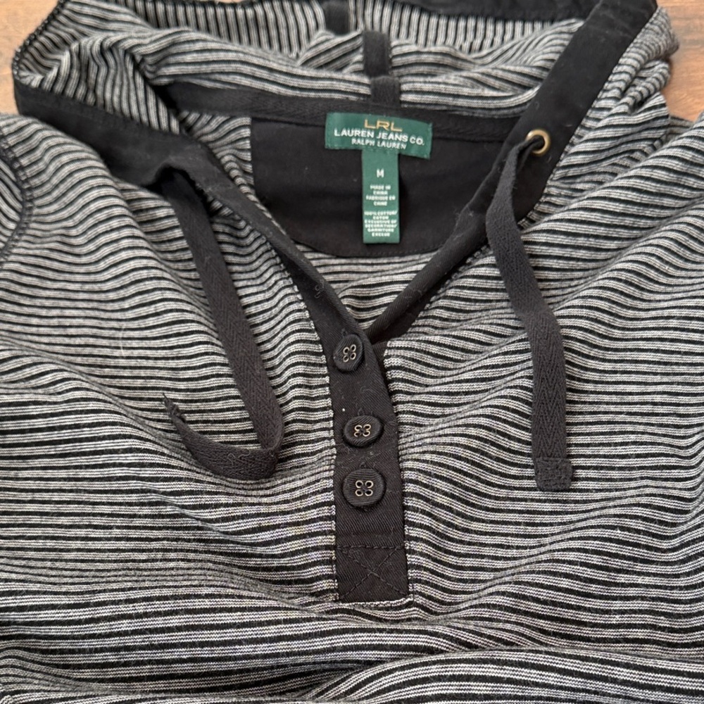 Lauren Ralph Lauren Black and Gray Striped Hooded Sweatshirt - Picture 3 of 7